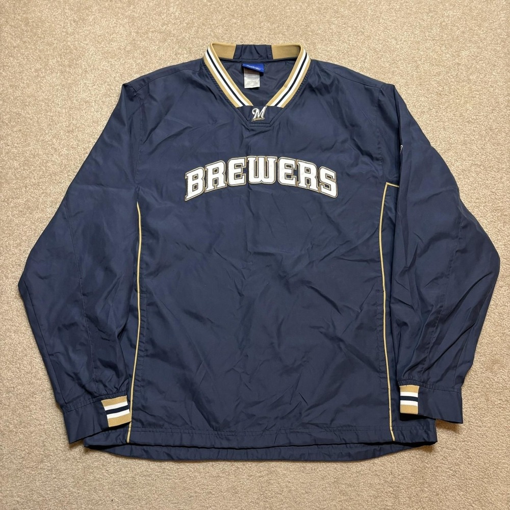Vtg Milwaukee Brewers Jacket Mens Medium Blue MLB Reebok Pullover Windbreaker
